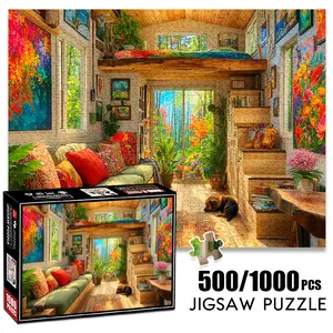 1pc 1000 piece adult puzzle 70x50cm Colorful Art - Filled Tiny Home with Loft Bed, Green Sofa & Plants 500 pieces paper jigsaw puzzle suitable for DIY creative games for adults and families, bi