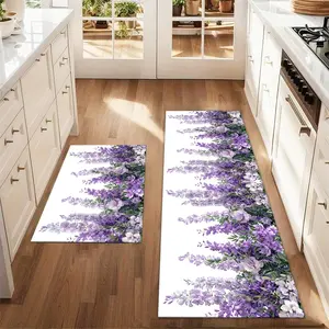 2Pcs Realistic Spring Flowers Violet Floor mat set including farmhouse Flower Pattern Rugs kitchen Runner Rug dining room flooring laundry room decorative carpet mat