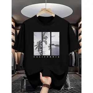 [California Tee] Lightweight Men's Casual California Graphic Tee |   Green Crew Neck T-Shirt with Palm Tree & Ocean Design - Summer Shirt for Casual Attire