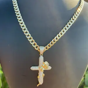 High quality Rose cross Cuban link chain size 24 Water resistant no green skin gold plated 14k