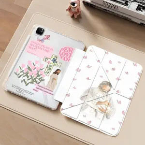 Graceful Christian Bible Verse Jesus Tablet Case,Watercolor Butterfly Floral Cross Design,Auto Wake/Sleep Transparent Acrylic Y-Fold Stand,Shockproof Scratch-Resistant Cover, Fits 7.9/8.3/10.2/10.5/10.9/11/12.9/13 inch,Ideal Gift for Christian Women&Girls