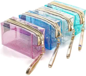 Pack of 4 Waterproof Cosmetic Bags PVC Transparent Zippered Toiletry Bag with Handle Strap Portable Clear Makeup Bag Pouch for Bathroom, Vacation and Organizing