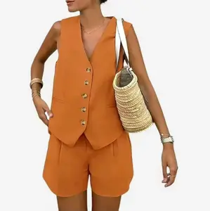 Women's Summerwear Sleeveless V Neck Button Down 2-Piece Outfit with Functional Pockets, Shorts Set - Minimalist, Womenswear Fitted Suit