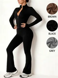 Women's 2 Piece Yoga Set – Long Sleeve Zip Up Jacket & High Waisted Flare Leggings, Tummy Control Butt Lifting Workout Outfit Sports Suit Solid Sports Sets Polyester Blend Activewear Matching Gym Set