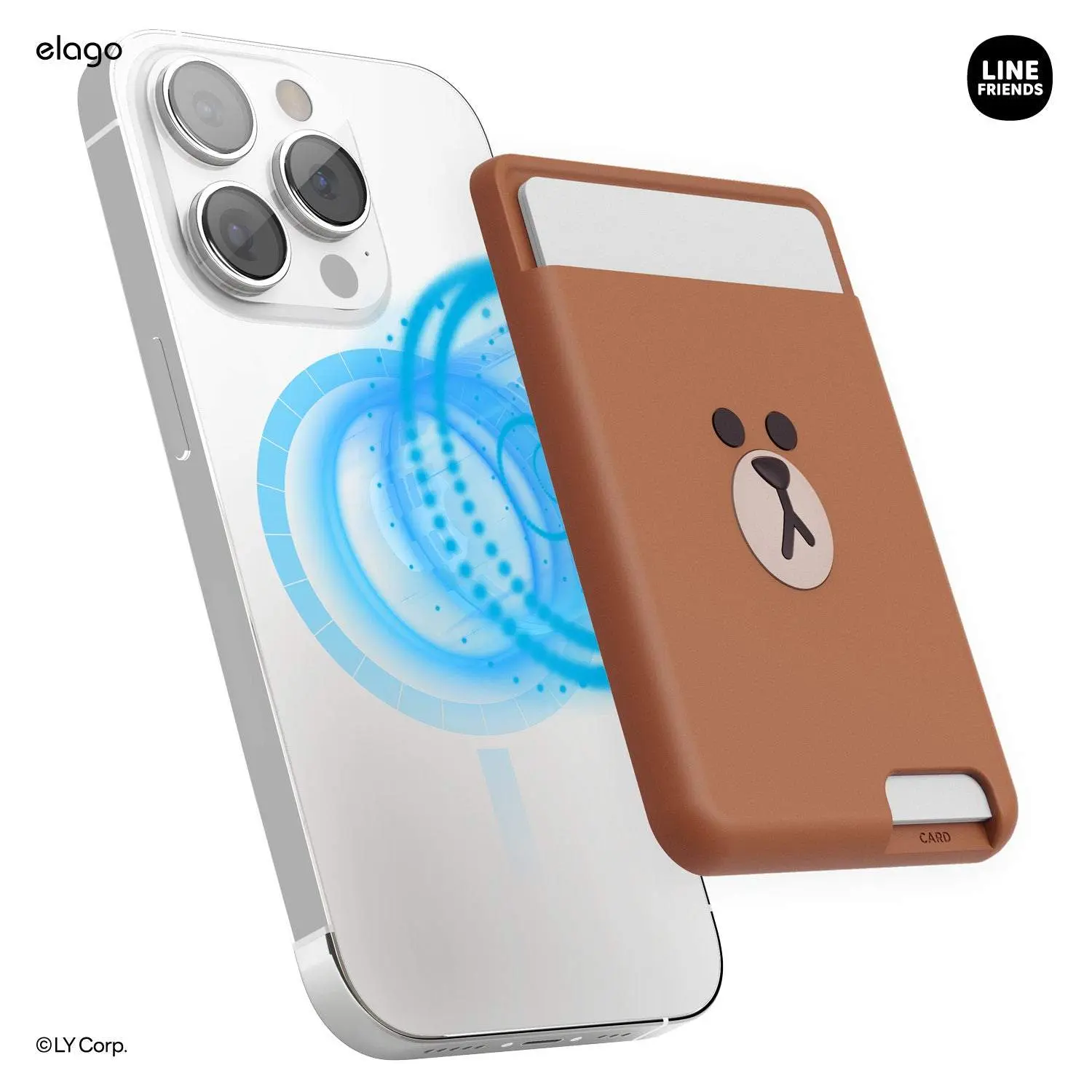 LINE FRIENDS | elago MagSafe Wallet Card Holder - Holds Two Cards, Durable Silicone Material, Accessory for MagSafe Compatible Smartphones and Cases  [BROWN]