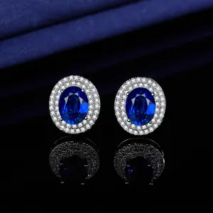 French Retro Style Women's Stud Earrings Royal Blue Oval Zircon Elegant Copper Jewelry Hong Kong Style Hepburn Inspired Fashionable Sophisticated Earrings smart s halloween goodie bags engagement marcus worm merch means puppet fnaf vibrant toys needlepoin
