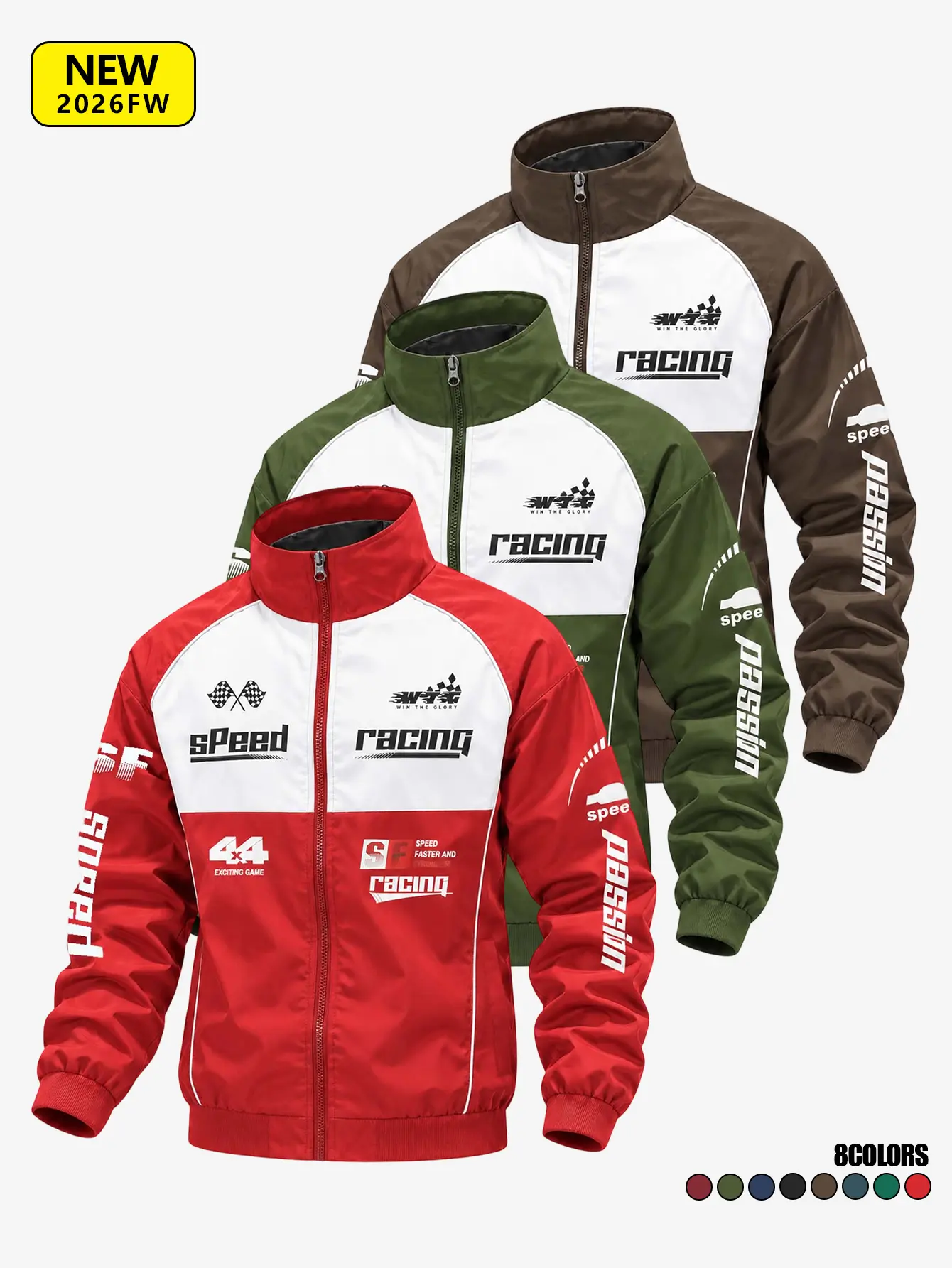 Men’s color-block racing-style jacket, stand collar full-zip streetwear casual outerwear; men’s color-block printed casual outdoor jacket