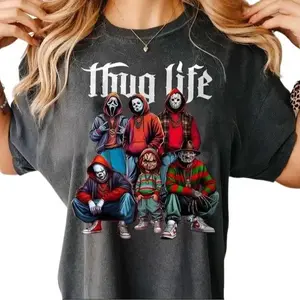 Thug Life Horror Movie Characters Shirt, Vintage Scary Movies Shirt, Horror Halloween Shirt, Halloween 2024 Shirt, Top, Streetwear, Round Neck, Shortsleeve, Trending Clothes, High Quality, Sport, Street Style, Many Colors Size S To XL, tiktokshop