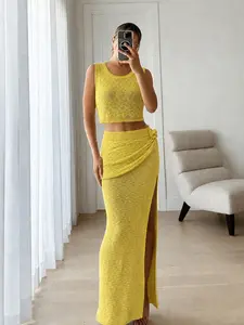 Elegant Women's Knitted Vest Set, Sleeveless Round Neck Half Skirt Fitted, Spring Summer Beach Vacation, Two-Piece Sweater Dress, Womenswear Clothes Lady, Chic Skirt Sets, Skirts Sets