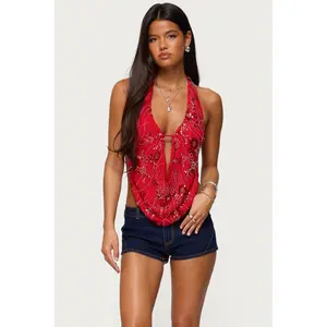 Beaded Chiffon Backless Cowl Neck Top