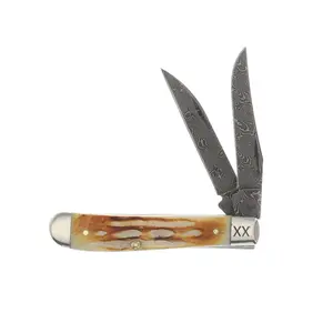 Case XX Burnt Natural Bone Deep Canyon Jigged Damascus Mini Trapper CA27233