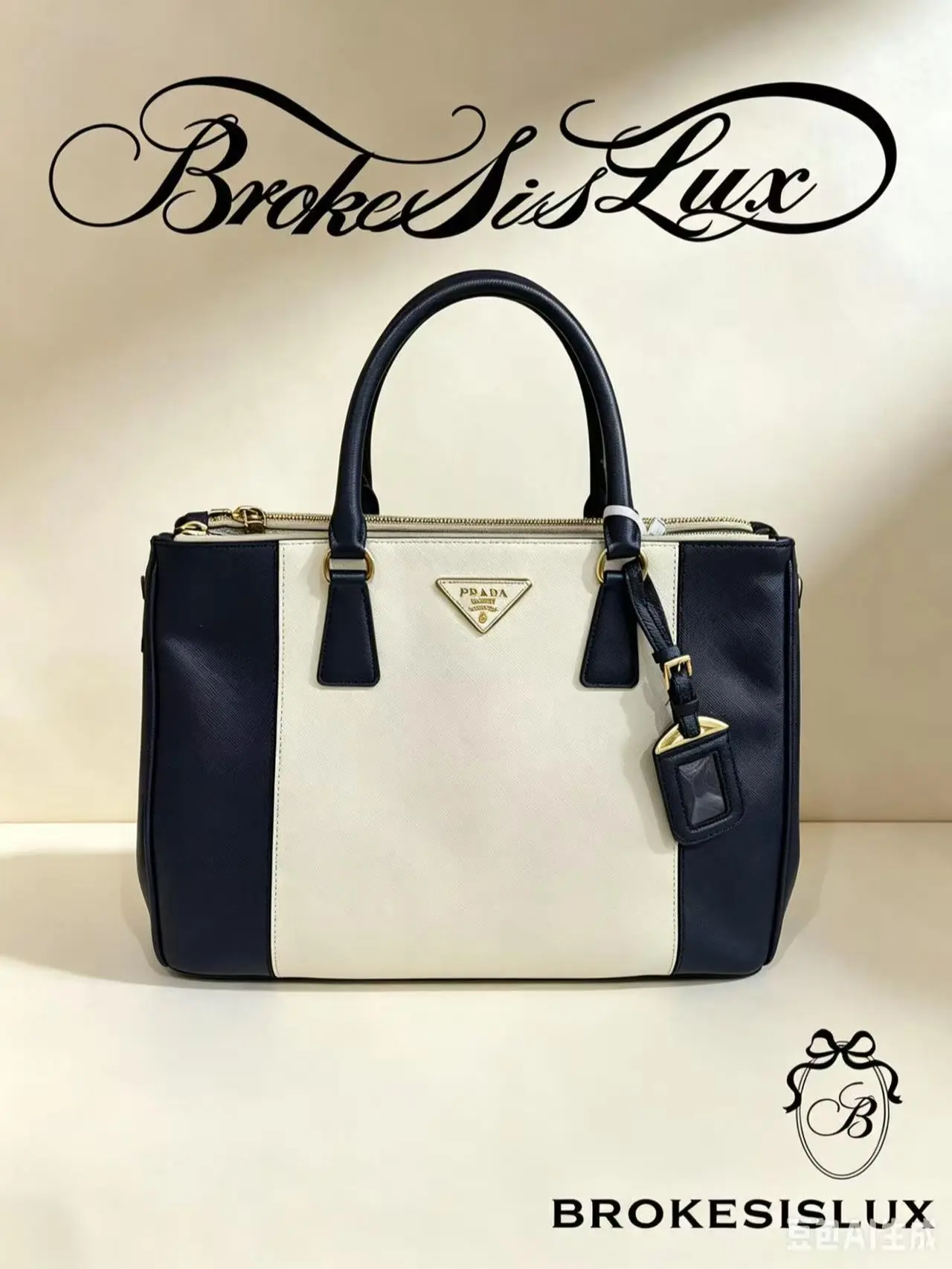 Pre-owned PRADA White & Navy Saffiano Leather Medium Satchel | Gold Triangle Logo