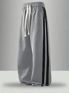 Unisex Wide Leg Striped Casual Pants, Colorblock Drawstring Design, Fashionable Outdoor Hiking, Comfortable Fit, All Seasons Wear