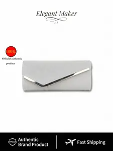 Silver Color Shimmer Envelope Clutch Bag for Women, Lightweight Formal Handbag with V-Shaped Metal Trim, Ideal for Weddings and Cocktails