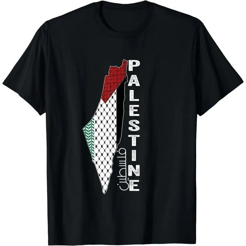 100% Soft Cotton Men's Loose Round Neck Short-Sleeve Palestine Graphic Printed Top, Unisex Menswear Casual T-Shirt, Shortsleeve, Tops, Classic, Palestinian Flag Pattern Men's Short-Sleeve T-Shirts
