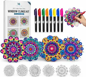 Stained Glass Mandala Art Kit - DIY Window Clings with Markers, 10 Suncatchers - Perfect Hobby for Adults, Seniors - Ideal Gift for Beginners, Women & Elderly