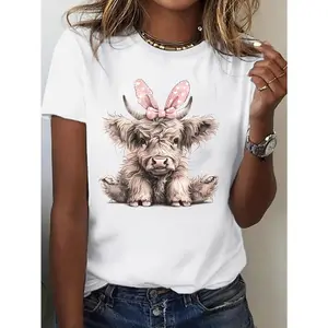 Women's Fitted Cotton Short-Sleeve Round Neck Casual T-Shirt - Easter Themed Cow, Bunny with Egg Basket Graphic Print Top, Shortsleeve