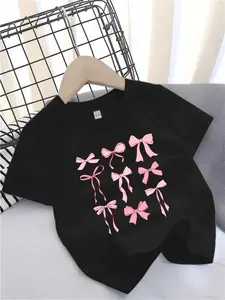 Cute Bow Print Cotton T-Shirt for Girls - Short Sleeves, Round Neck, Stretch Knit Fabric, Black with Pink Bow Design, Machine Washable, Suitable for Spring/ Summer, Youth Girl Clothing Funny Graphic Tee