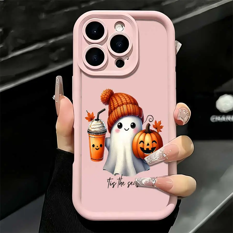 Halloween Festive Ghost & Pumpkin Print Cellphone Case - Pink Camera Frame, Shock-Absorbent Casing for iPhone 17 Pro Max,16,16 Plus,15,14,13,12,11 Handheld Devices, Ideal Fall Holiday Gifting Phone Accessories