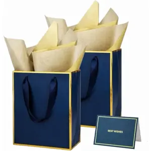 12 Pack Thank You  Bags with Handles 9.5x7.5x3.75 inch  Bags Medium Size  Bag with Tissue Paper and Card for Wedding Birthday Bridesmaid Holidays Mother's Day (Navy Blue)