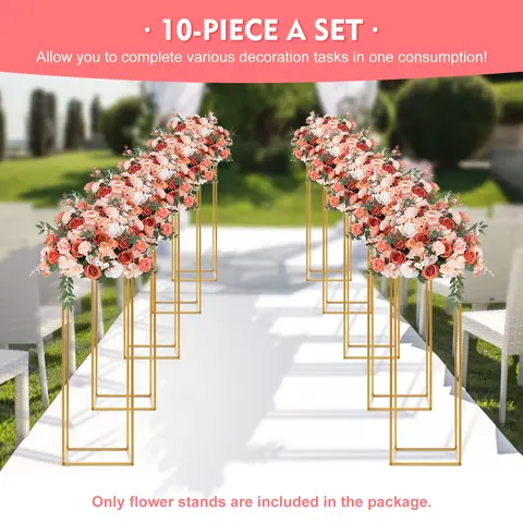 10-Piece Modern Gold Iron-Paint Durable Plastic Flower Stand Set - Hammer-Installable, 3D, 22lbs Max Load, Rectangle, 2026 Modern Look, 10pc for Tables, Home Centerpieces, Tabletop Centerpiece, Wedding Birthday Decoration