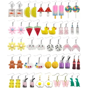 Cute Weird Earrings Set - 24 Pairs Goldfish, Milk Tea, Water Bottle Designs - Lightweight Alloy & Resin - Perfect for Women's Gifts & Occasions