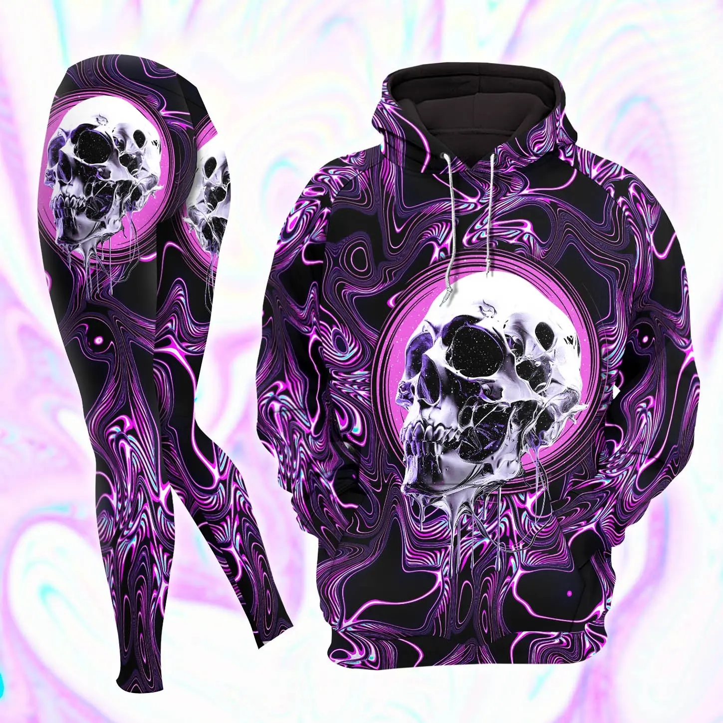 Liquid Skull Hoodie And Leggings, Gothic Halloween Tracksuit, Aesthetic Autumn Graphic Outfit, Spooky Season Streetwear Tracksuit, Cyberpunk Activewear