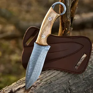 Custom Handmade Damascus Steel Hunting Knife with Leather Sheath, Full Tang – Fixed Blade Premium Outdoor Knife, Razor Sharp Blade Professional Damascus Steel Hunting & Camping Knife