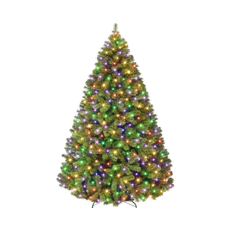 6FT Prelit Fluffy Noble Fir Artificial Christmas Tree - 500 Multicolor Lights, 9 Modes, Hinged Branches, 1400 Tips, Metal Stand with Foot Switch, PVC Holiday Home Festive Decoration Kit
