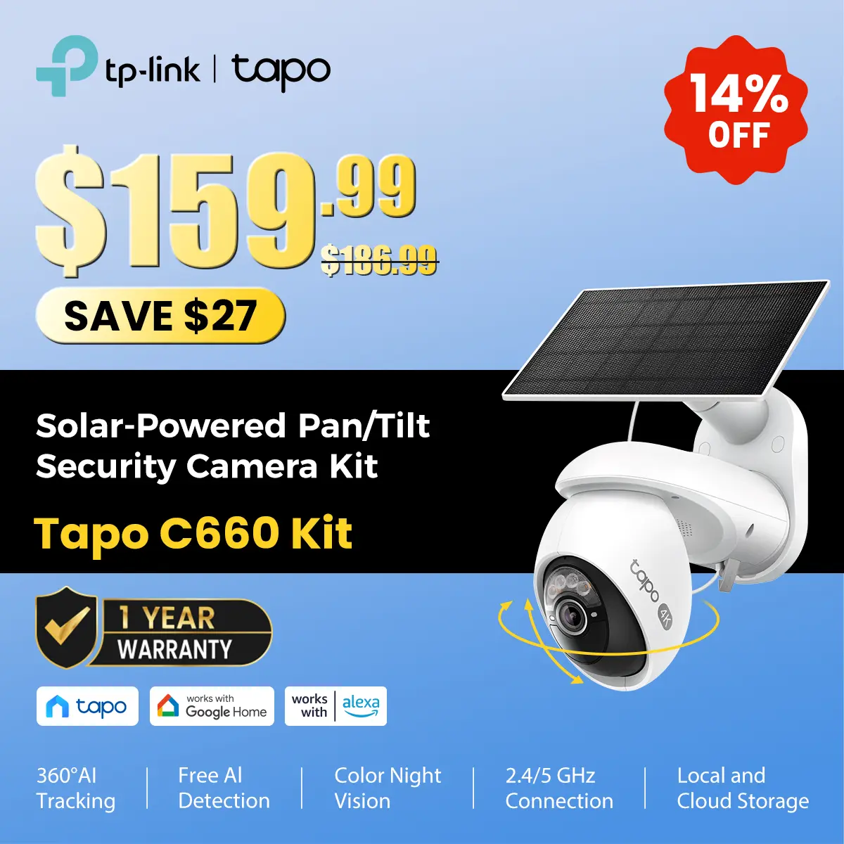 TP-Link & Tapo C660 KiT 4K Solar Security｜360° AI Tracking｜Starlight Color Night Vision｜Free Local Storage｜No Wires