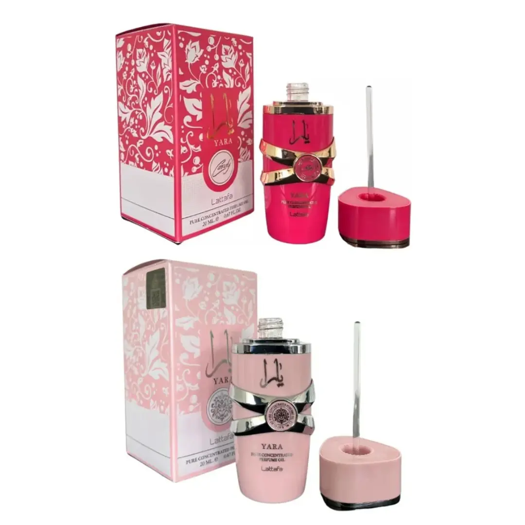 Lattafa Dual Unisex Fragrance Ensemble Set - 2x20ml Arabian Perfume Oil Bundle, Pre-Packed Packaged Unisex Fragrance with Yara Body Care and Yara Candy Cosmetic Options