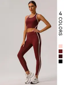 Two-Piece Set Women's Contrast Color Striped Print Sports Bra & High Waist Leggings Tracksuit Set, Sporty Breathable Comfy Outfits for Yoga Gym Workout Running, Women Tracksuits for Fall, Gym Workout Clothes, Casual Workout Loungewear, Athleisure Wear Set