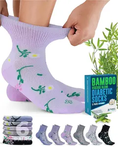 Doctor's Select Bamboo Viscose Diabetic Socks for Women and Men, 6 Pairs Non-Binding Loose Top Moisture-Wicking Flower Design