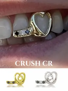 CRUSH CR 1pc Heart Cutout Tooth Cap Grillz – 14K Gold Plated Copper with Black & White CZ, Romantic Hip-Hop Jewelry for Black Women, Girls & Men. Perfect for Valentine’s Day, Date Night, Couple Gifts & K-Pop Style, Tooth Gem