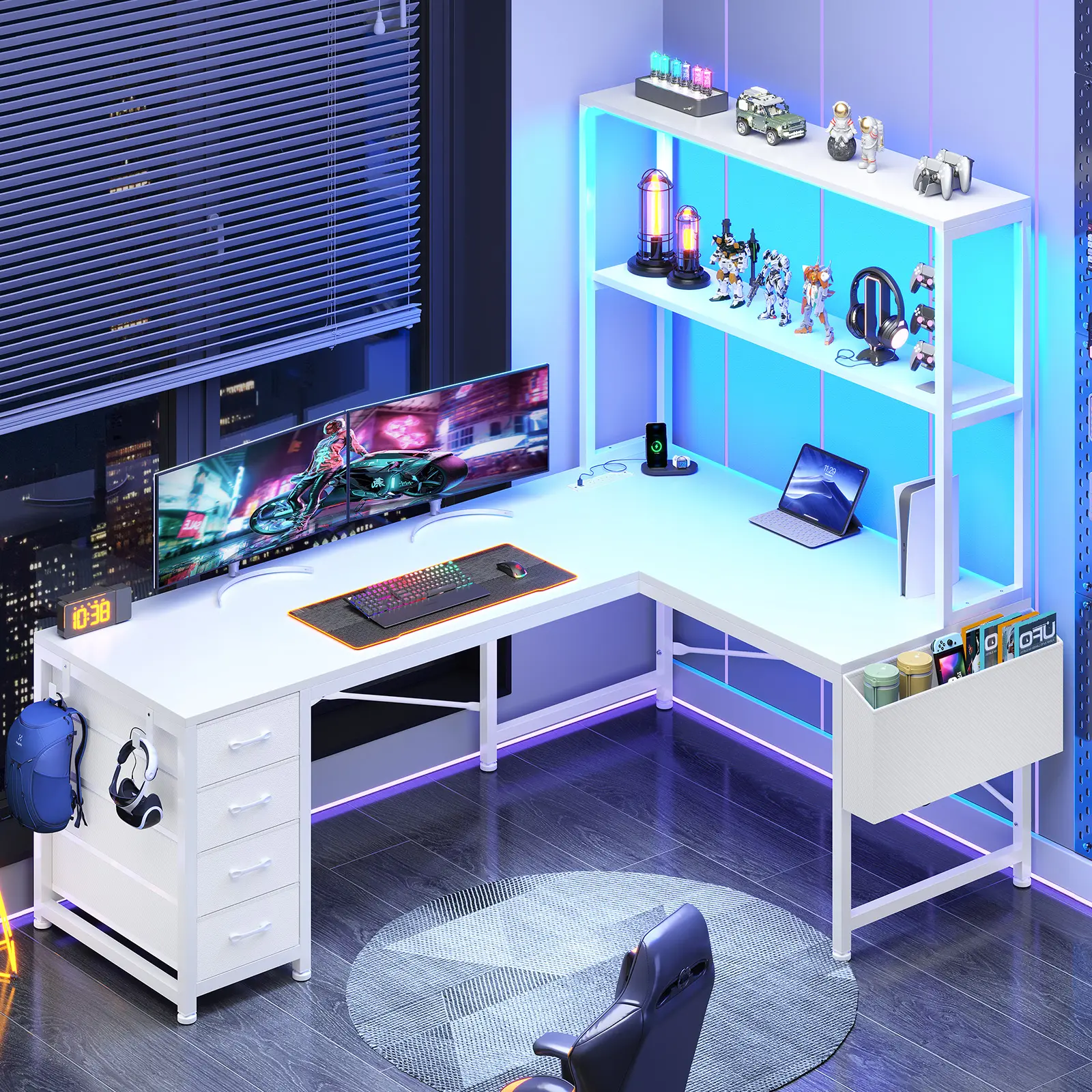 Sedeta L-Shaped Sturdy Gaming Desk - 51.2" Reversible Small Corner Home Office Desk with Drawer, Power Outlet, LED Lights, Storage Shelves, Iron Hooks, Modern Wood & Metal Build for Small Spaces, Home Office Desks, Sturdy Computer Desk