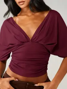 Women's Fashion Sexy Solid Color V Neck Top Batwing Sleeve Ruched Waist Short Sleeves, Stylish Casual Summer Blouse