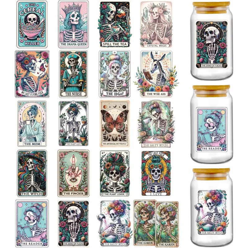 UV DTF Cup Wraps - 20 Sheets Funny Tarot Uvdtf Tumbler Wraps for 16 20 oz Glass Coffee Mug, Adult Humor Skull Flower Rub on Transfer Stickers Decals for Water Bottle Craft Decorations Gift