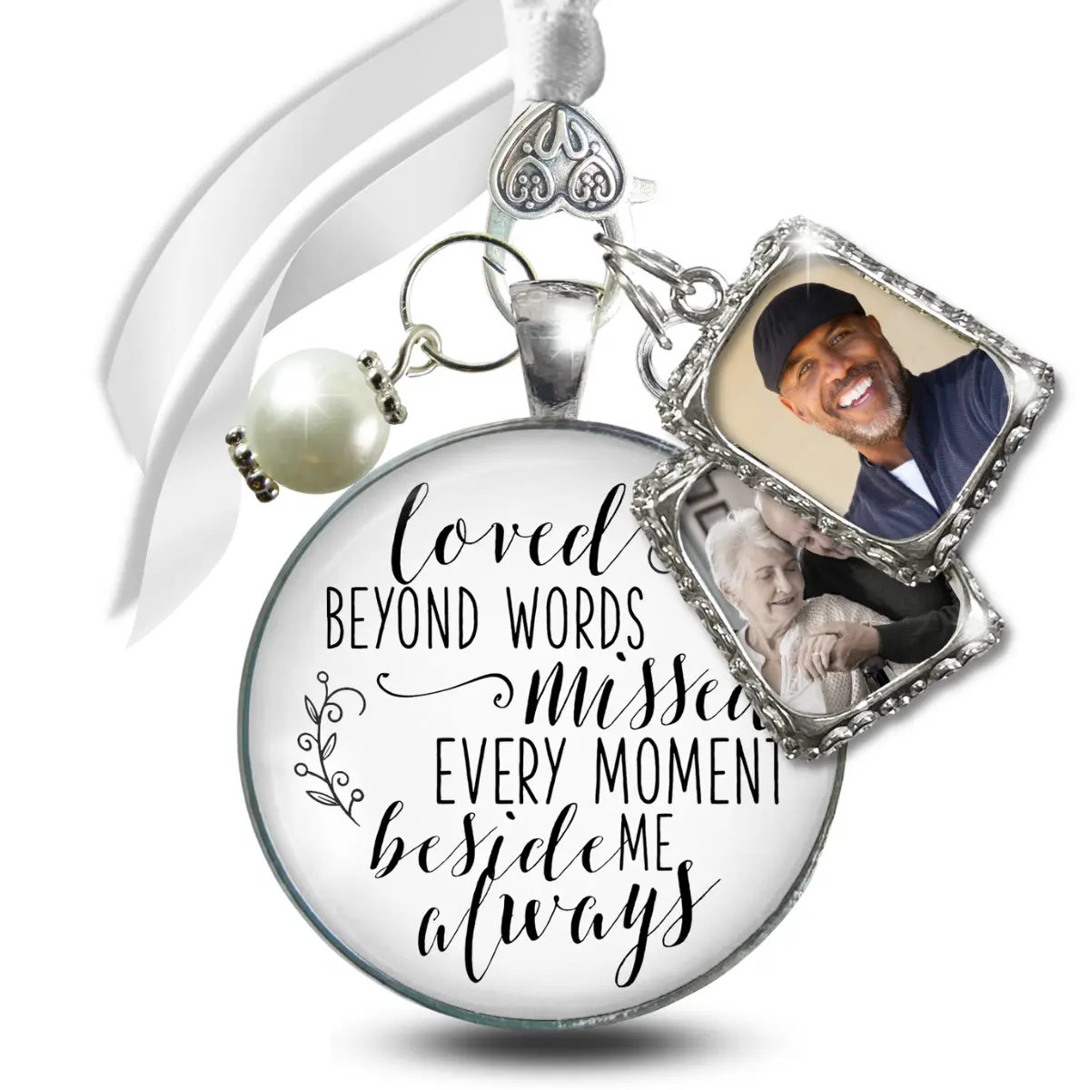 Bouquet Wedding Charm Loved Beyond Words Silver Bridal Memorial Photo Jewelry 2 Frames