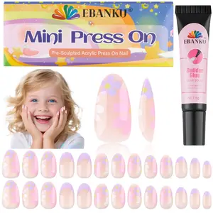EBANKU 26 Pieces Press on Nails for Kids, Almond Full Cover Acrylic Nail Tip Kit with Nail Glue Children Short Artificial False Nail Kits for Girls