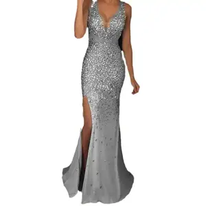 2025 European and American Women's Fashion Long Dress Strap V-neck Split Sequin Dress