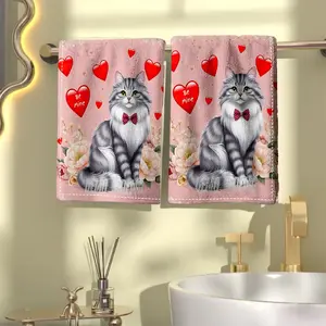 Gray cat, red heart, and flower pattern hand towel, ultra-soft microfiber, suitable for face, hands, tableware, birthdays, Easter, and a bathroom essential, Decorative Towels
