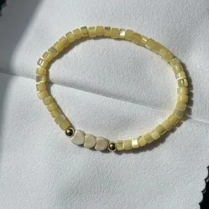 Mother of Pearl Heart Bracelet – Yellow Heishi Beaded Stretch Bracelet with Gold Accents, Boho Pearl Jewelry