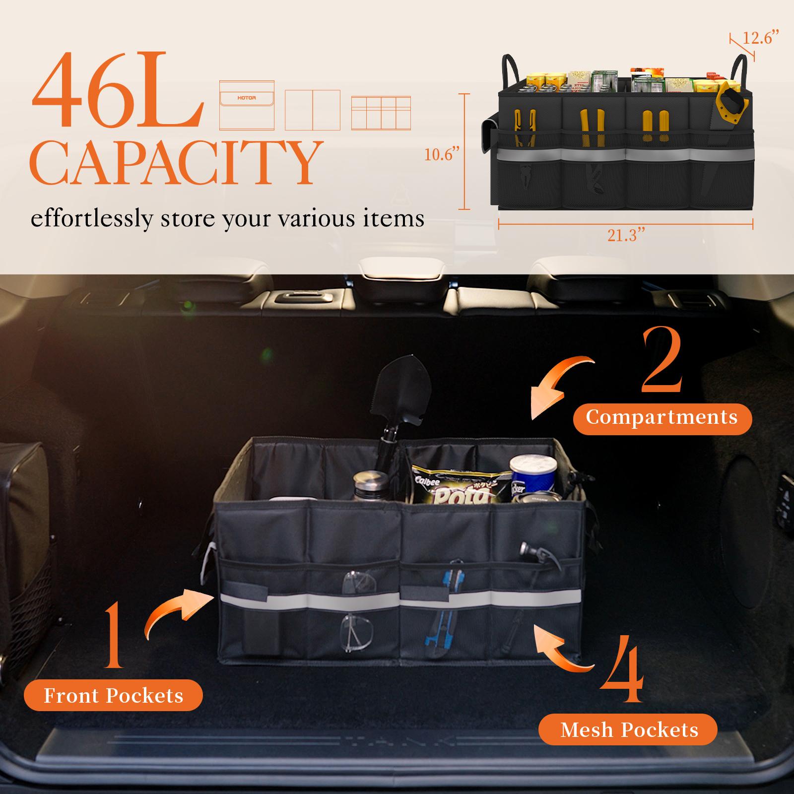 Foldable Car Trunk Organizer, Black and Gray Storage Box with 2 Compartments, Single Side Pocket and Reflective Strip, Durable Car Storage Organizer for Groceries, Emergency Kit, Tools and Accessories, Fits SUV, Sedan and Truck