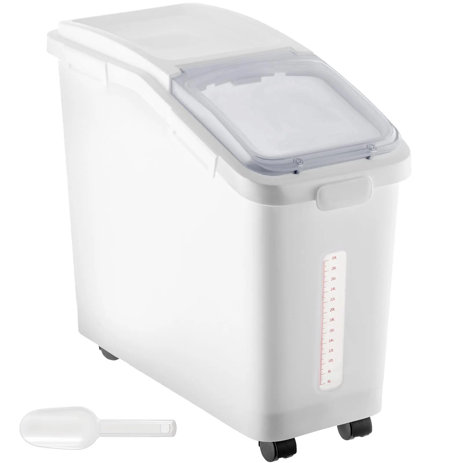 【Fallpicks】VEVOR Plastic Ingredient Storage Box with Cover, Organiser Bin - 11.4 Gal/280 Cup Capacity, Wheels, Lid, Scoop, Transparent Window - for Kitchen Flour, Rice (White)