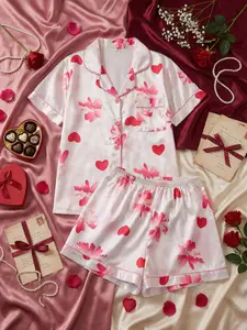 Women's Valentine's Day Heart Print Sleepwear Set, Button Front Short Sleeve Top & Elastic Shorts, Elegant Ladies' Pajamas & Homeewear