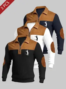 Men's Polo Half-Zip Collar Long Sleeve Top, Golf Print, Polyester Fabric, Casual Fall & Winter Wear, Three-Piece Set