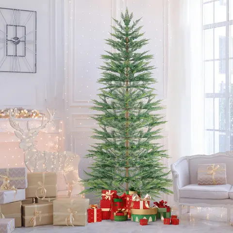 COSTWAY 6.5/7.5FT Pre-Lit Christmas Tree with Faux Cypress Leaves, Hinged Artificial Xmas Tree with PE Branch Tips & Warm White LED Lights, Holiday Decoration Tree with Auto Timer