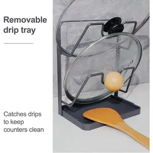 Space-Saving Pot Lid Holder with Spoon Rack, Durable Base Kitchen Storage Organizer, Drainage Stand for Kitchen & Dining Room