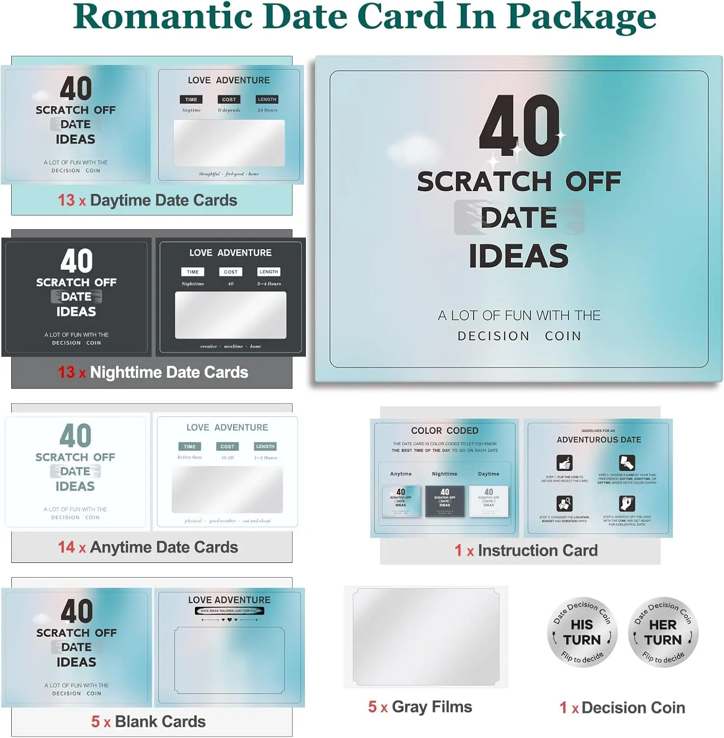 Unisex 40 Scratch-Off Date Night Ideas Paper Cards Game, Couples Gifts for Anniversary Engagement Wedding, Stocking Stuffers for Ages 10+