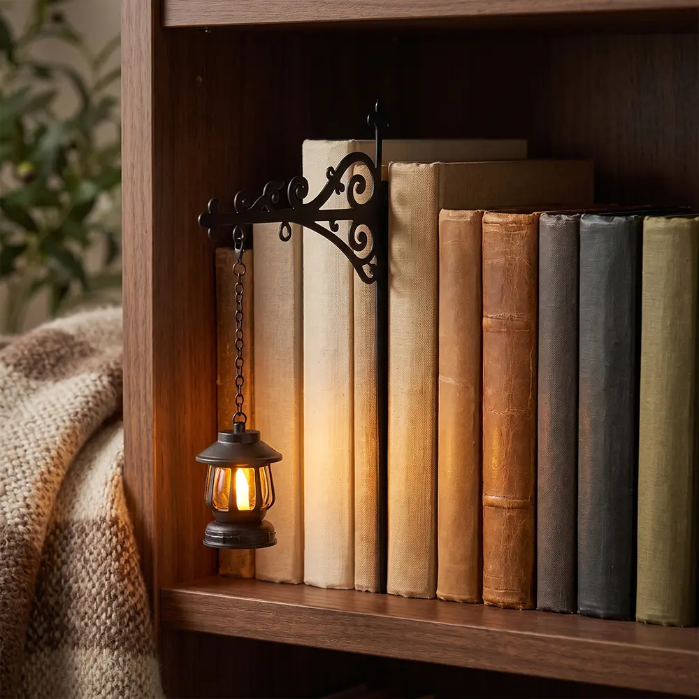 Library Lantern Bookshelf Light, Mini Hanging Lamp for Reading Nook Decor, Warm LED Accent Light, Book Lover Gift for Bedroom, Home Library and Shelf Decor